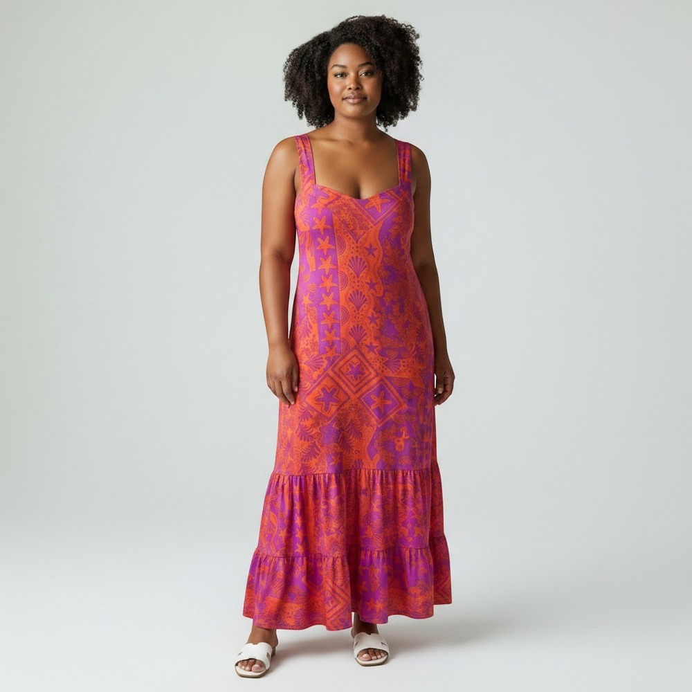 NWT Cuddl Duds Women XXL Orange Purple Starfish Coastal Tiered Maxi Dress